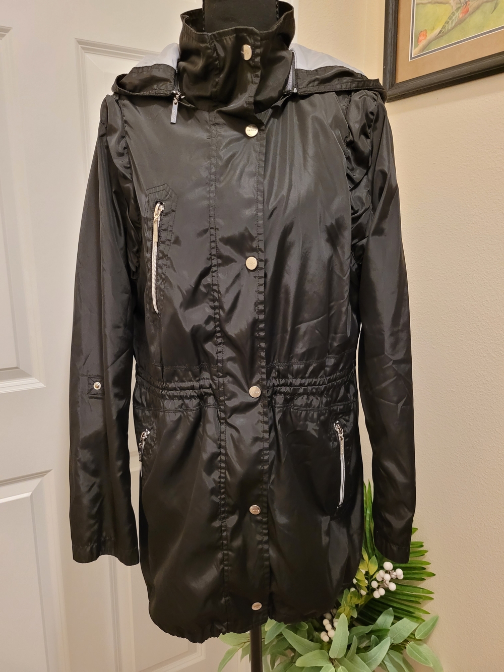 Kensie Women's Black Hooded Trench Coat with Drawstring Waist